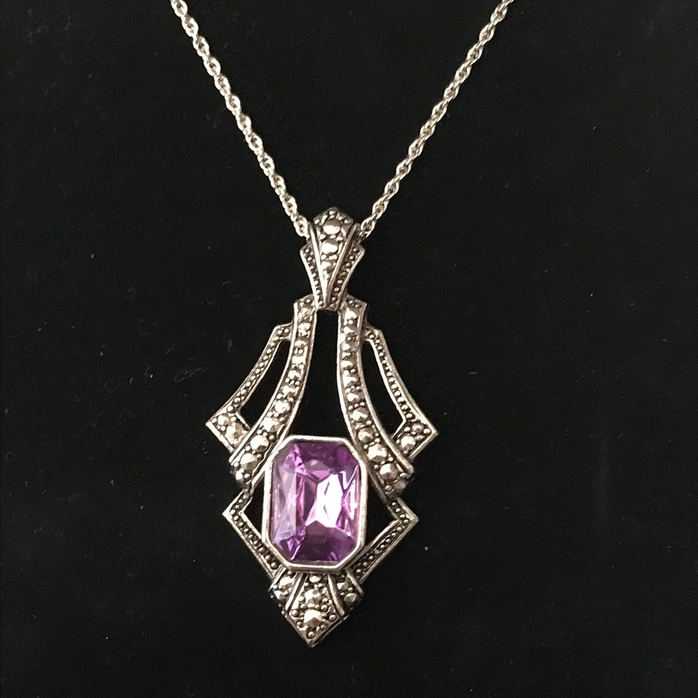 Avon Faux Amethyst Marcasite L'avalier Pendant Necklace